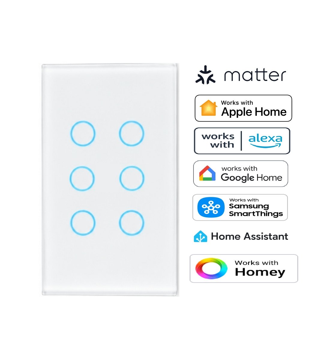 Premium Six Gang Matter Over Wi-Fi Certified Wall Switch MS06W
