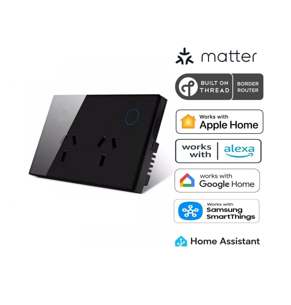 Image showcasing Matter Over Thread Certified Two Gang Wall Power Outlet Black MS0QPB ...